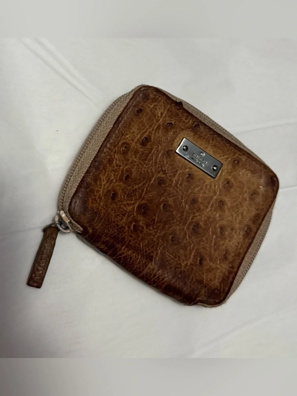 Gucci AUTHENTIC Vintage Brown Ostrich Leather Coin Purse Pouch Wallet - Picture 3 of 16